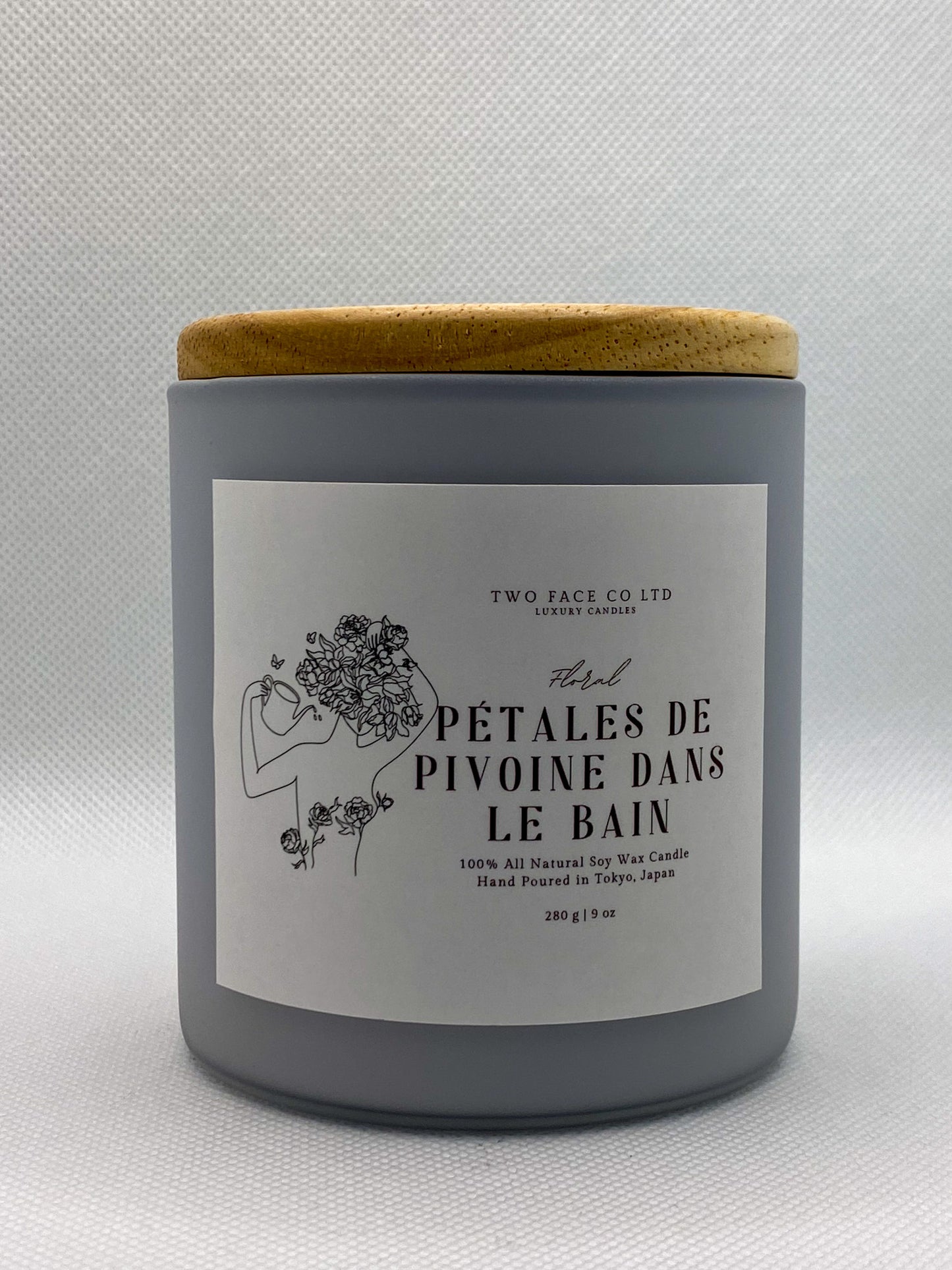 Peony petals in bath candle, hand made candle, icey grey, with lid