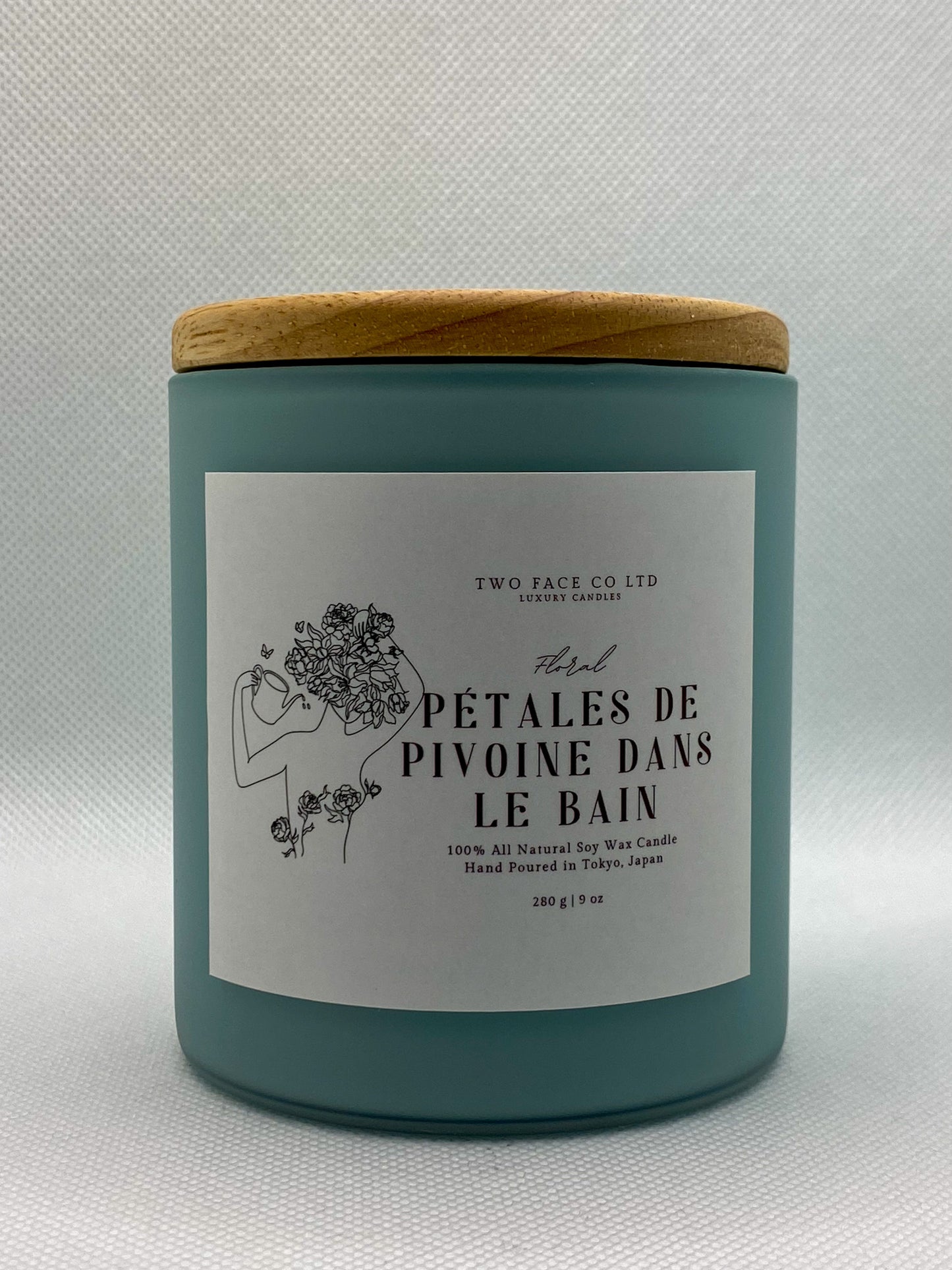 Peony petals in bath candle, hand made candle, mint green, with lid