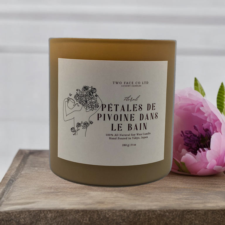 Peony petals in bath candle, hand made candle, cafe, front