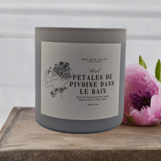 Peony petals in bath candle, hand made candle, icey grey, front