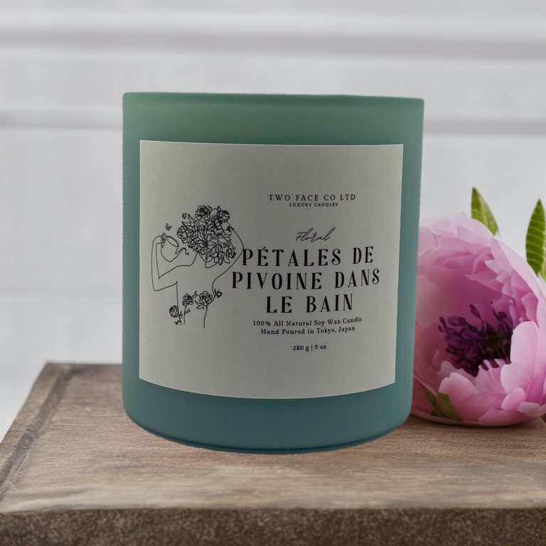 Peony petals in bath candle, hand made candle, mint green, front